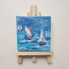 Mini obraz ręcznie malowany pejzaż morze żaglówka